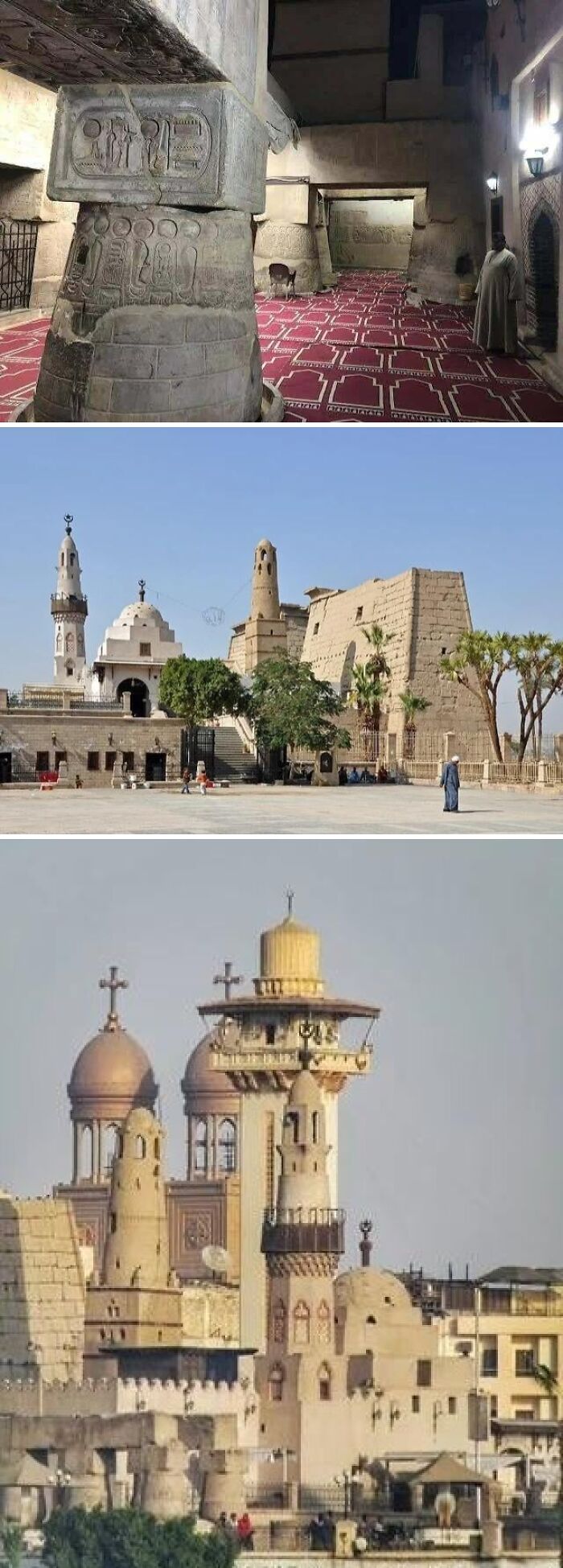 Ancient Egypt architecture and carvings on temple pillars with historic buildings under clear skies.