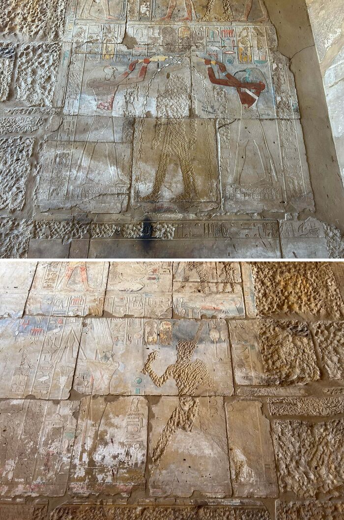 Ancient Egypt wall carvings and paintings showing figures and hieroglyphs, part of incredible photographs from ancient Egypt.