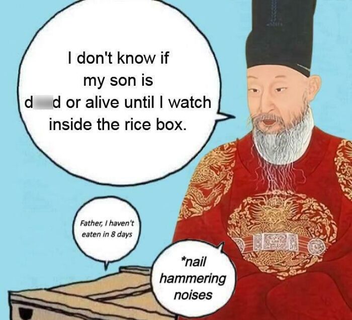Historical meme featuring an emperor in traditional attire with speech bubbles about watching inside a rice box.