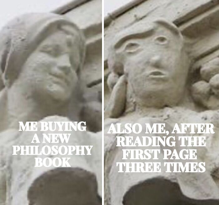 Stone statue faces showing confident expression buying philosophy book and confused expression reading it, intellectual-philosophy-memes.
