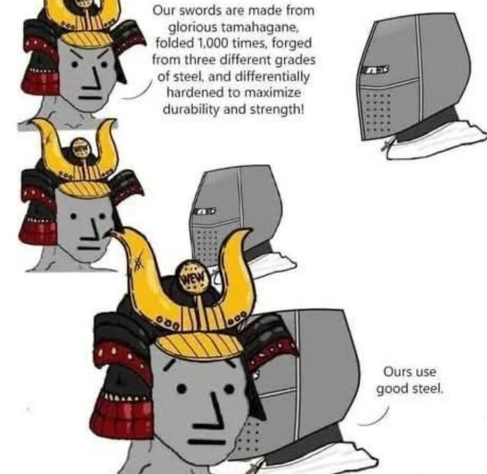 Meme comparing samurai and medieval knights discussing the quality of their swords in a history class context.