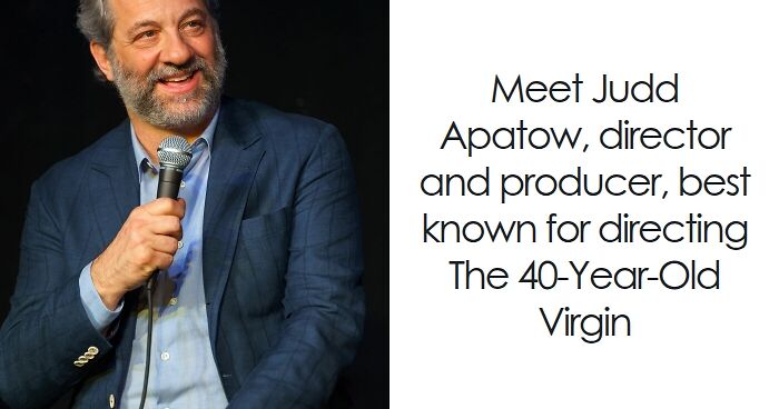 Judd Apatow speaking on stage holding a microphone, known for directing and producing comedy films.