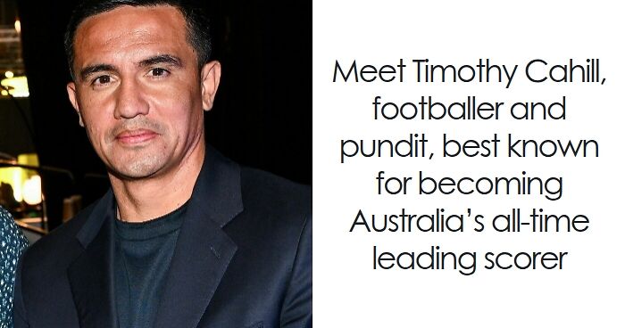 Tim Cahill in a dark suit, smiling confidently as Australiau2019s all-time leading football scorer and pundit.