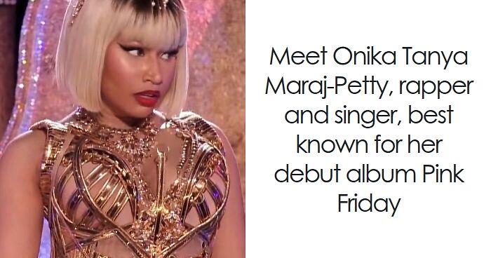 Nicki Minaj wearing a gold metallic outfit and blonde bob hairstyle, highlighting key moments from her bio and career.