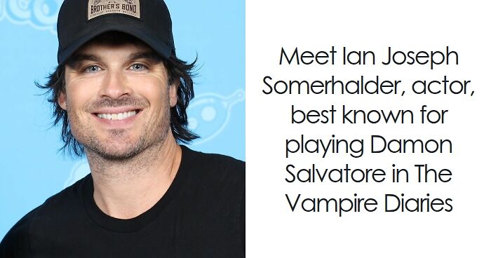 Ian Somerhalder smiling, wearing a black cap and shirt, highlighting his bio and career as an actor.