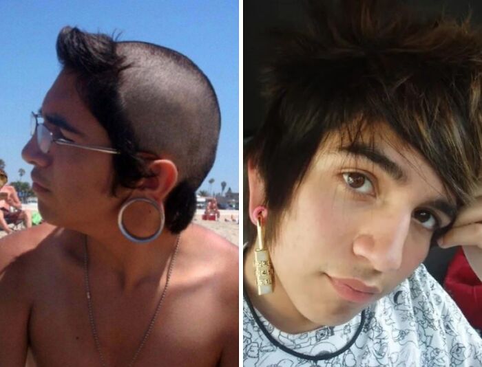 Two awkward childhood photos side by side showing unique hairstyles and oversized earrings in casual settings.