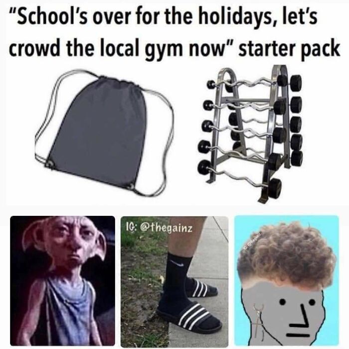 Gym meme showing typical gym gear, funny workout characters, and gym humor relatable to real lifters.