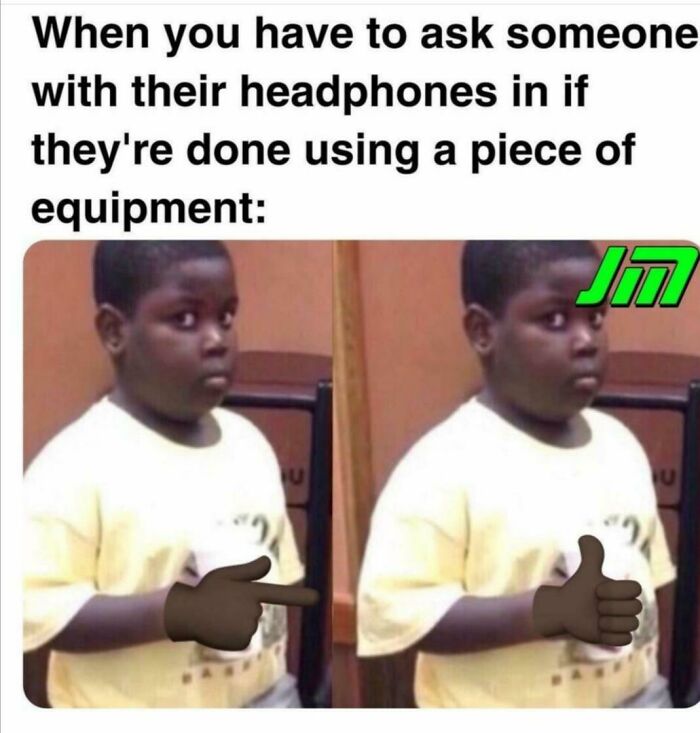 Boy with skeptical expression asking if someone with headphones is done using gym equipment, a relatable gym meme for lifters.
