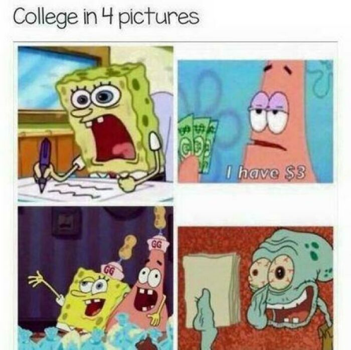SpongeBob and Patrick in college memes depicting students running on hope and energy drinks with tired and stressed expressions.