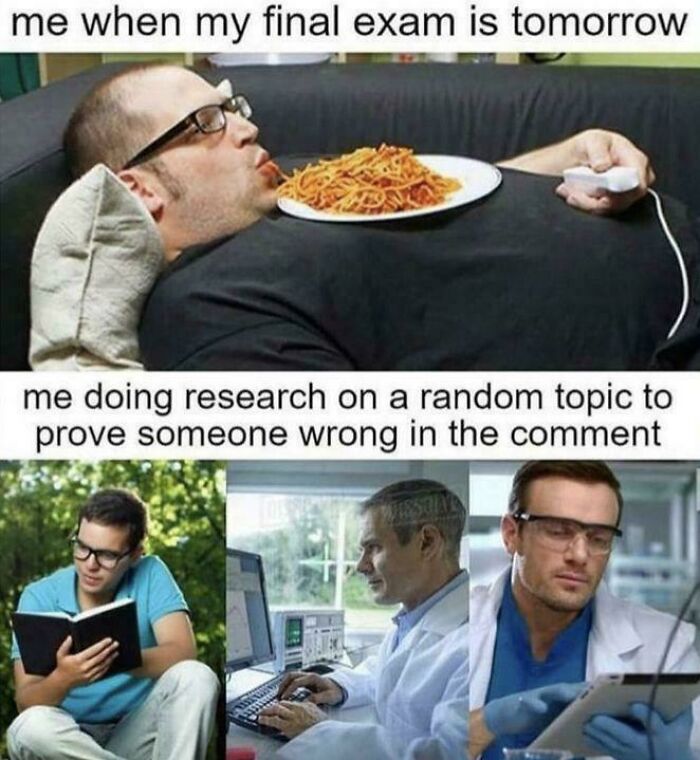 College memes showing a student lazily eating and others intensely researching to prove a point online.