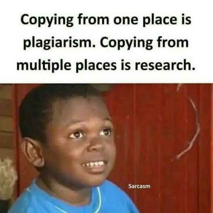 College meme featuring a student humorously defining plagiarism versus research, highlighting college life and energy drink culture.