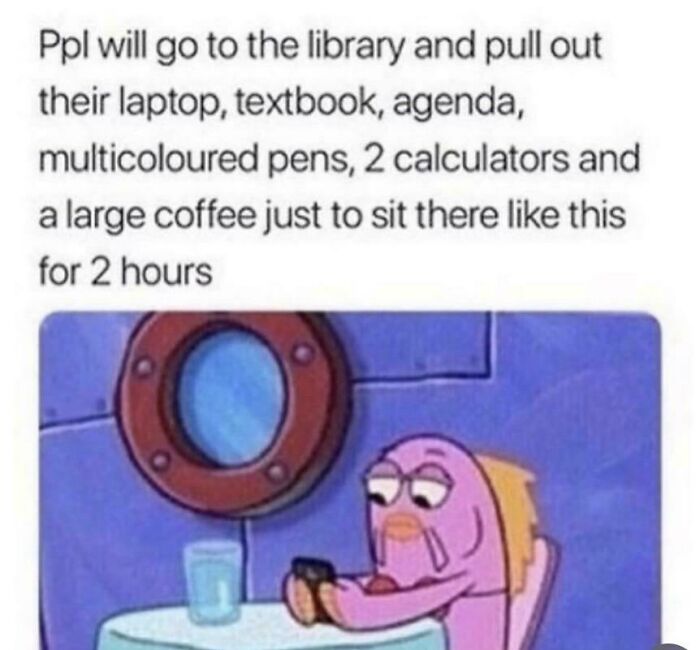 Meme showing a student sitting in a library with study materials, illustrating college life and student energy struggles.