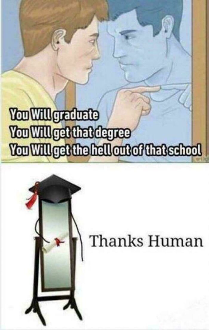 Student looking in mirror, motivating self to graduate with degree, reflecting college memes about hope and energy drinks.