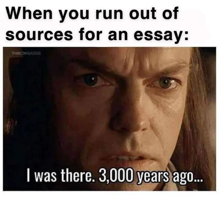 Close-up of a stressed college student meme about running out of essay sources, reflecting student energy and hope struggles.
