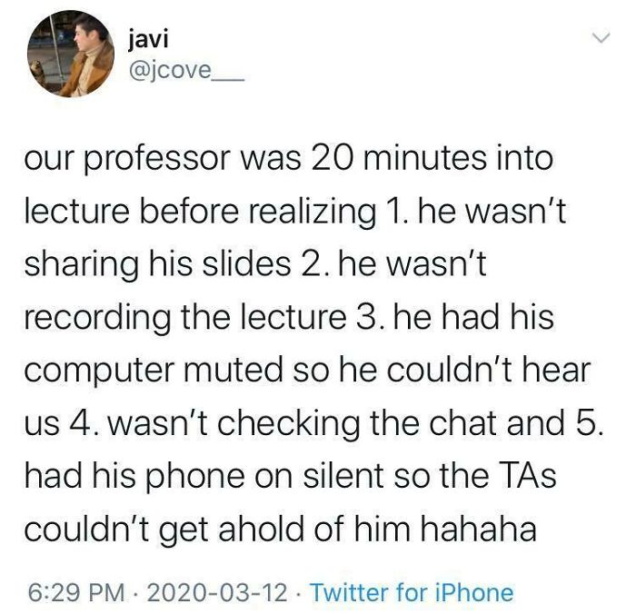 Tweet sharing a funny college meme about a professor unprepared during a virtual lecture, reflecting student experiences and energy.