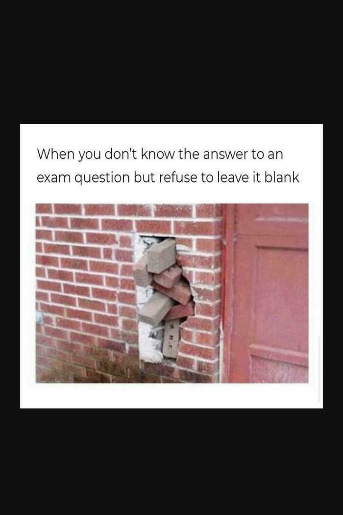 Brick wall with a hole filled awkwardly with loose bricks symbolizing college students refusing to leave exam answers blank meme.