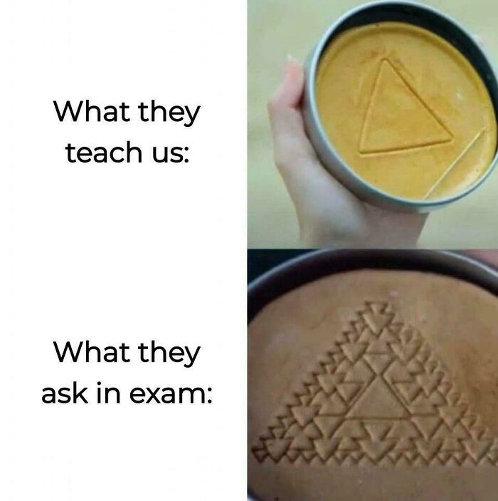 Hand holding a small round tin with a simple triangle, contrasted with a complex fractal triangle pattern, illustrating college meme humor.
