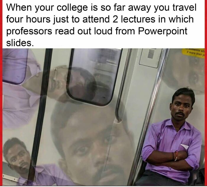 College student looking tired on a train reflecting frustration about long travel for boring lectures college memes energy drinks