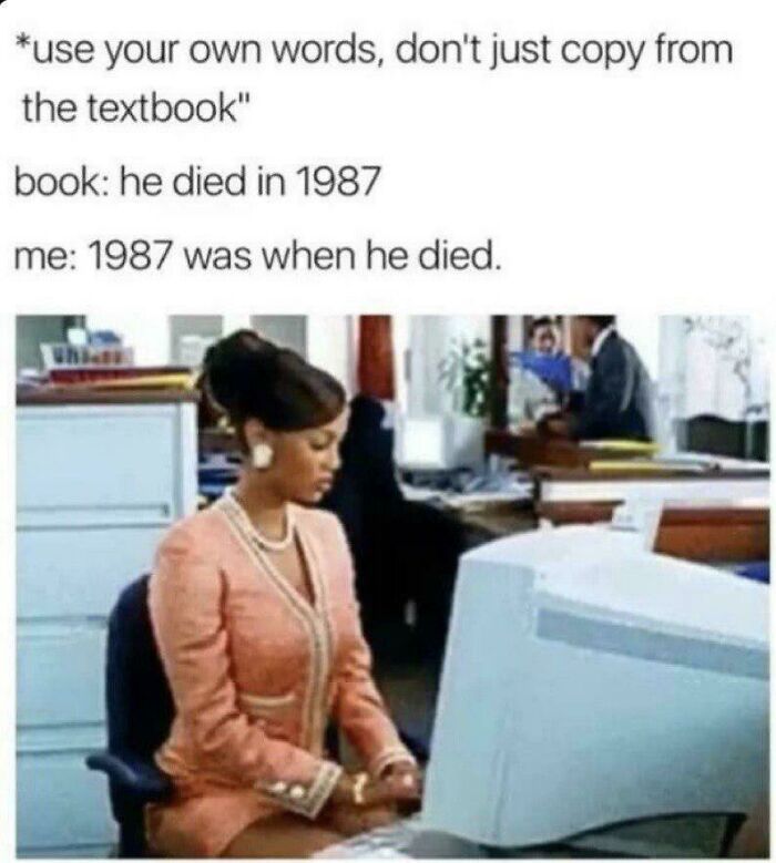 Student working at computer with meme text about using own words, illustrating college memes for students running on hope and energy drinks.