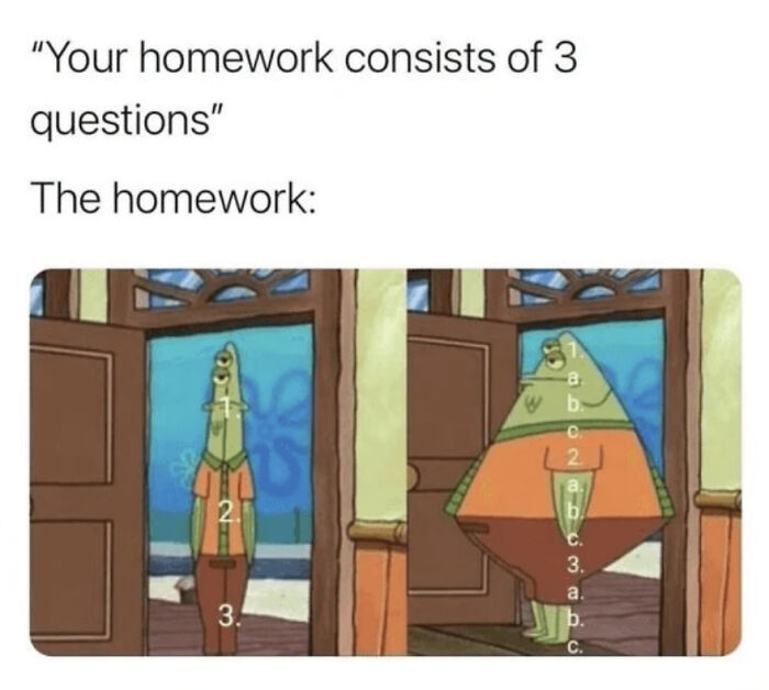Cartoon character showing overwhelming homework questions humor, capturing college memes for students running on hope and energy drinks.