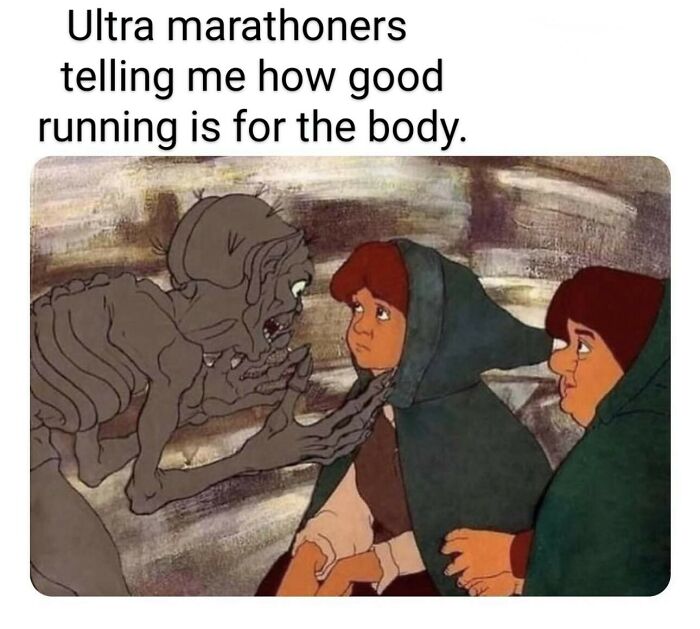 Meme showing skeleton-like figure telling two hooded characters how good running is, relating to gym memes for real lifters.