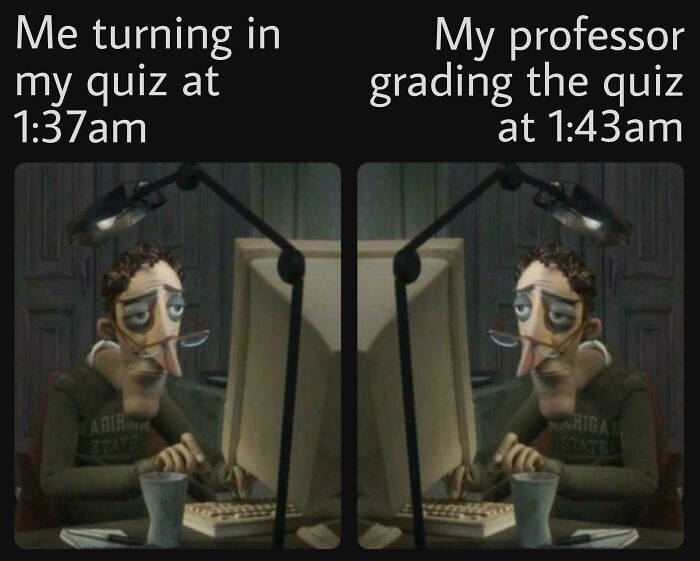 Tired student and professor working late on a quiz, capturing the struggle in college memes about hope and energy drinks.