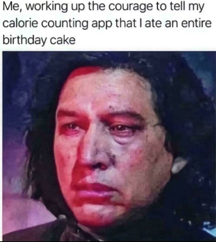 Sad man working up courage to tell calorie counting app about eating birthday cake, gym memes relatable for real lifters.