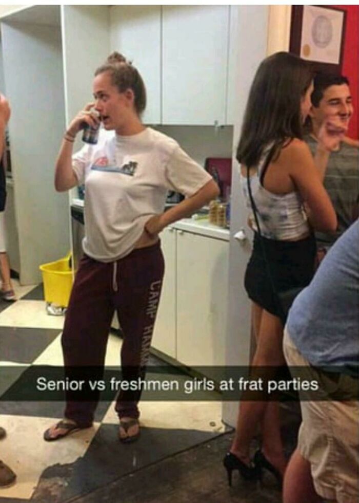 College meme showing senior and freshman girls at a party, highlighting student life fueled by hope and energy drinks.