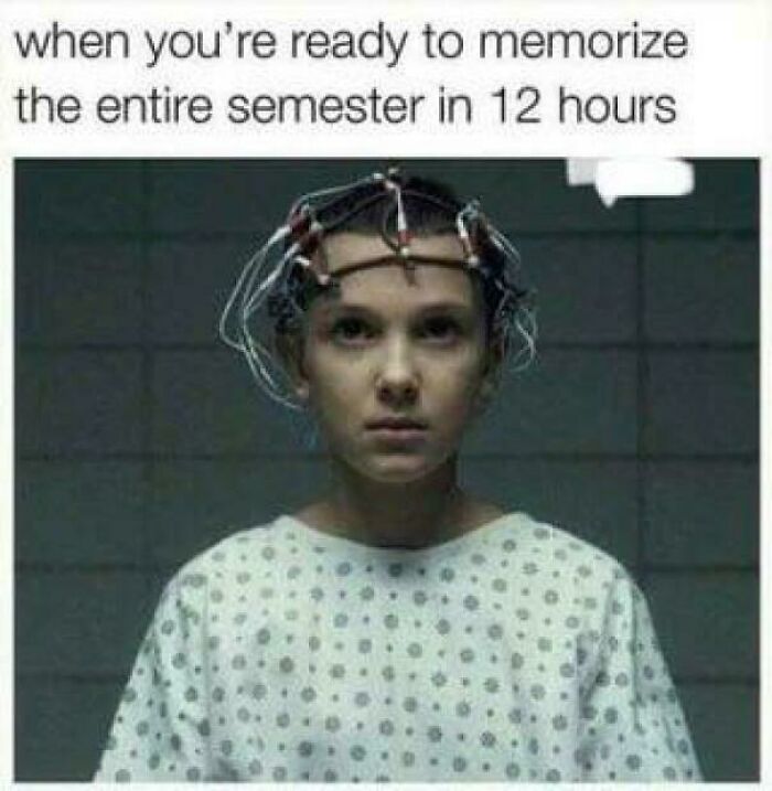 Teen in hospital gown wearing a brainwave device, representing college students running on hope and energy drinks to memorize fast.