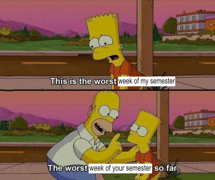 Bart and Homer Simpson in a college meme depicting students running on hope and energy drinks during a tough semester week.