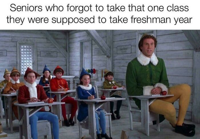 Scene from Elf movie showing adults dressed as elves in a classroom, humorously relating to college students and forgotten classes.