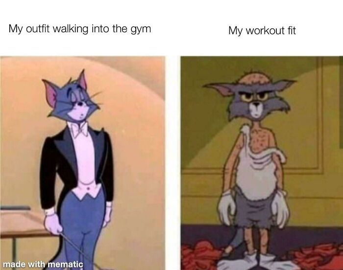 Two images of Tom the cat showing gym outfit contrast, illustrating funny gym memes for real lifters.