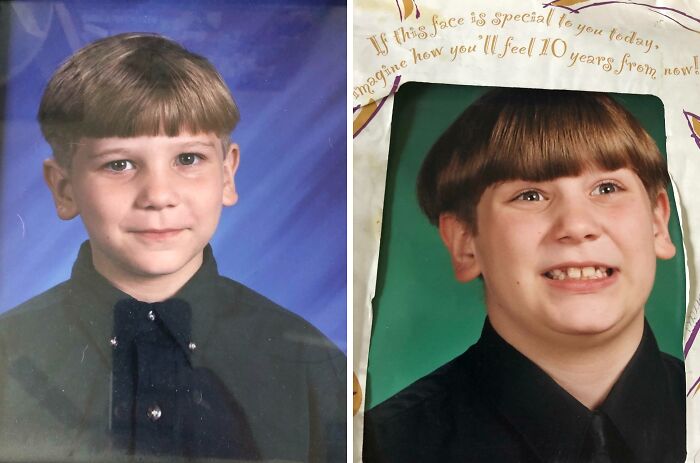 Two awkward childhood photos of a boy with a bowl haircut wearing a black shirt and tie, capturing funny childhood moments.