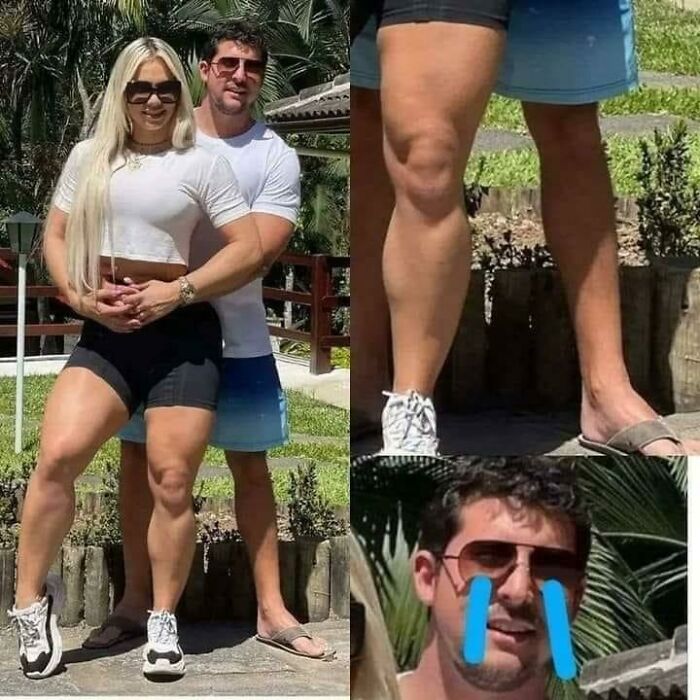 Couple posing outdoors showing contrast between muscular and slimmer legs, a funny gym meme for real lifters.