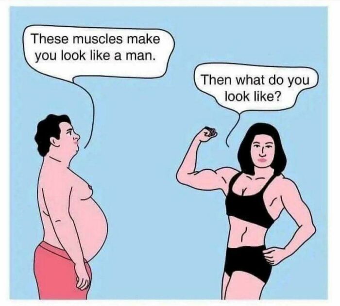 Cartoon of a muscular woman flexing and a man with a belly, highlighting gym memes relatable to real lifters.