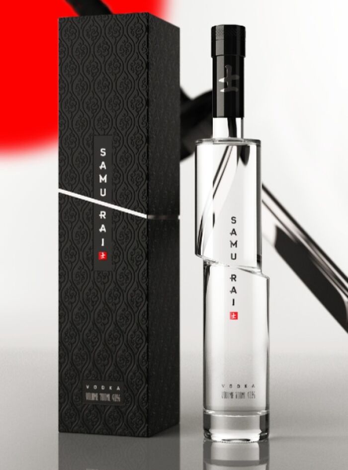 Sleek vodka bottle and intricately designed black packaging showcasing smart and cool designer innovation.
