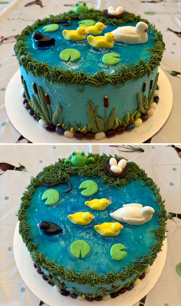 Blue pond-themed cake with duck and frog decorations showcasing masterfully crafted cakes creativity.