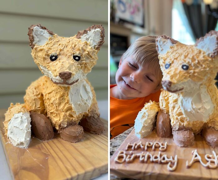 Fox-shaped masterfully crafted cake with detailed frosting, showcased alongside a smiling child celebrating a birthday moment.