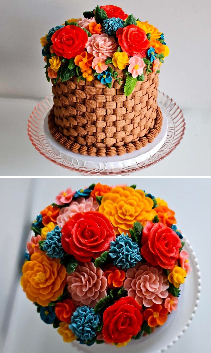 Masterfully crafted cake with intricate basket weave design and colorful buttercream flowers showcasing creativity and skill.