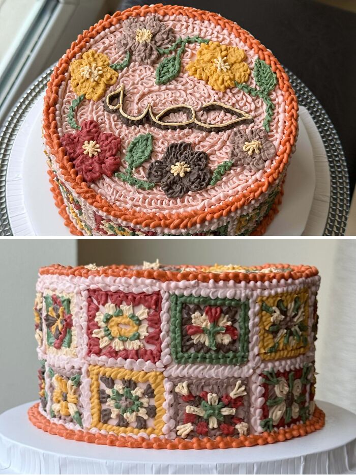 Round cake decorated with masterfully crafted floral and geometric icing designs showing human creativity.