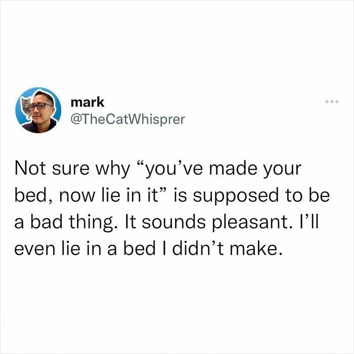 Parenting and marriage tweet humor about making your bed and enjoying life’s relatable moments.