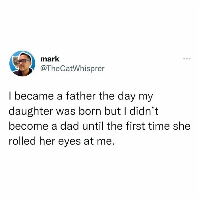 Father reflects on parenting moment as daughter rolls her eyes, capturing relatable parenting and marriage tweets humor.