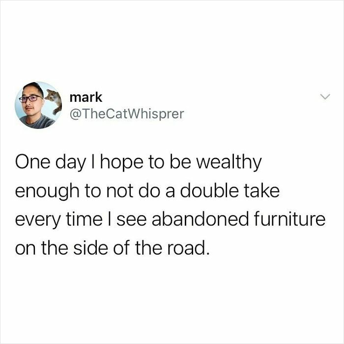 Tweet about relatable parenting and marriage humor, joking about noticing abandoned furniture on the roadside.