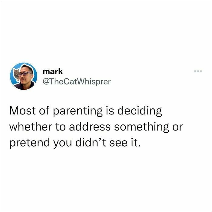 Tweet about parenting humor, highlighting relatable moments of deciding to address or ignore situations.