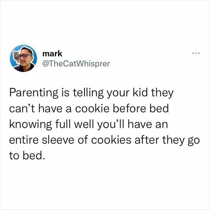 Parenting tweet showing relatable humor about cookies before bed, reflecting real-life struggles in parenting and marriage.