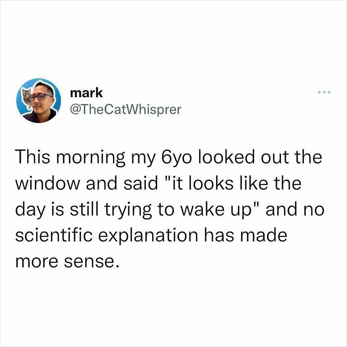 Parenting and marriage tweet sharing a child's relatable morning observation about the day still trying to wake up.