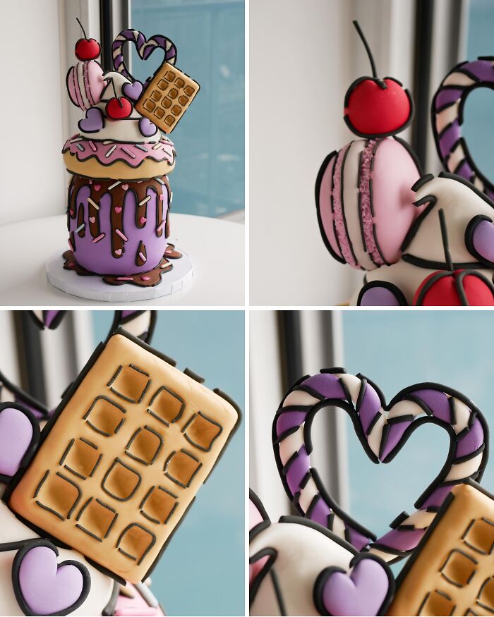 Masterfully crafted cake decorated with cherries, macarons, chocolate drips, and heart-shaped toppings in vibrant colors.