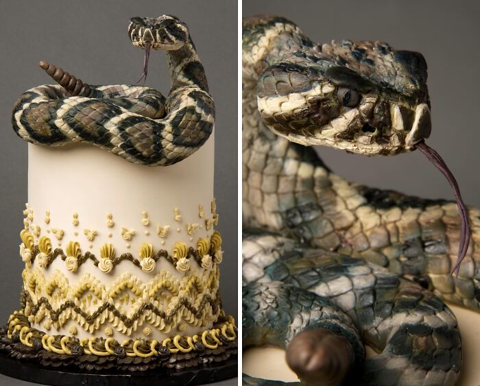 Realistic snake cake wrapped around a decorated tiered cake showcasing masterfully crafted cake design and creativity.