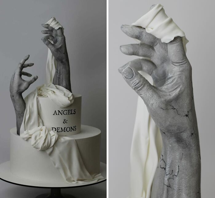 Masterfully crafted cake with realistic sculpted hands and flowing draped fondant, showcasing creative cake artistry.
