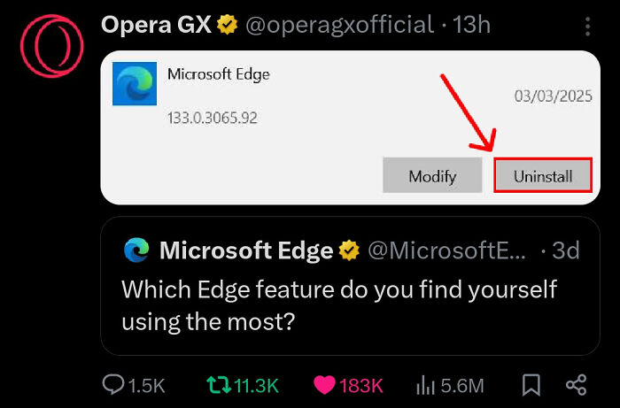 Screenshot of Opera GX tweeting a burn about uninstalling Microsoft Edge, showcasing epic internet insults.